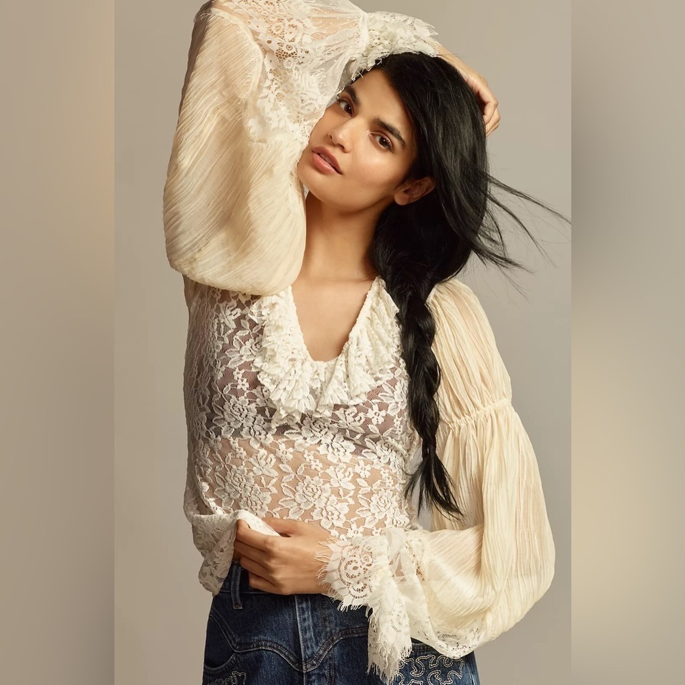 NWT Size M - By Anthropologie Wide-Sleeve Sheer Lace Top